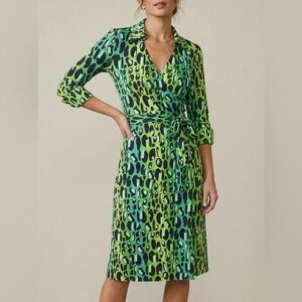 Diane Von Furstenberg Green and Teal Animal Print Wrap Midi Dress